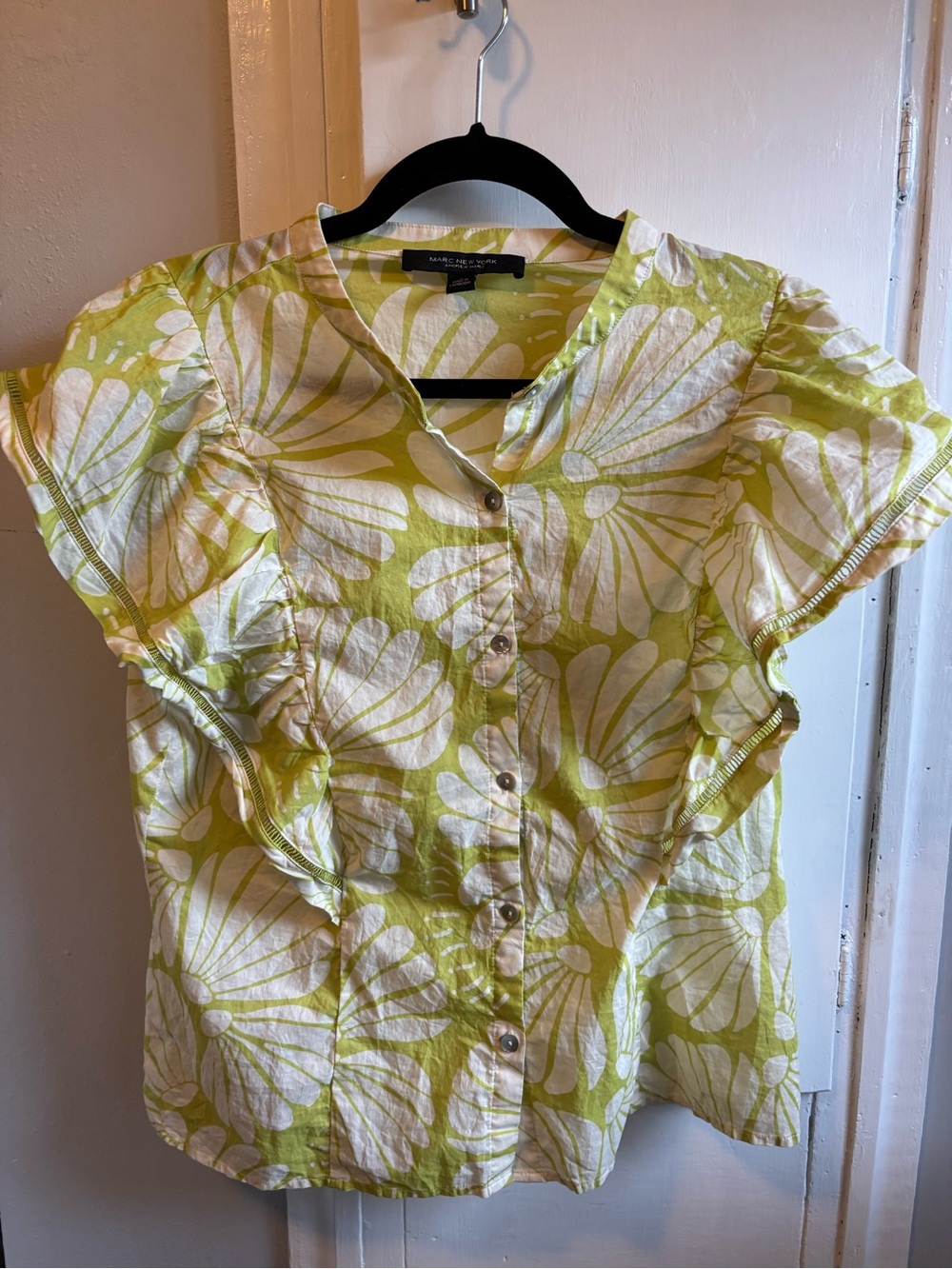 Marc Mew York 100% Cotton Lime Green Floral Button-Front Ruffle Sleeve Blouse